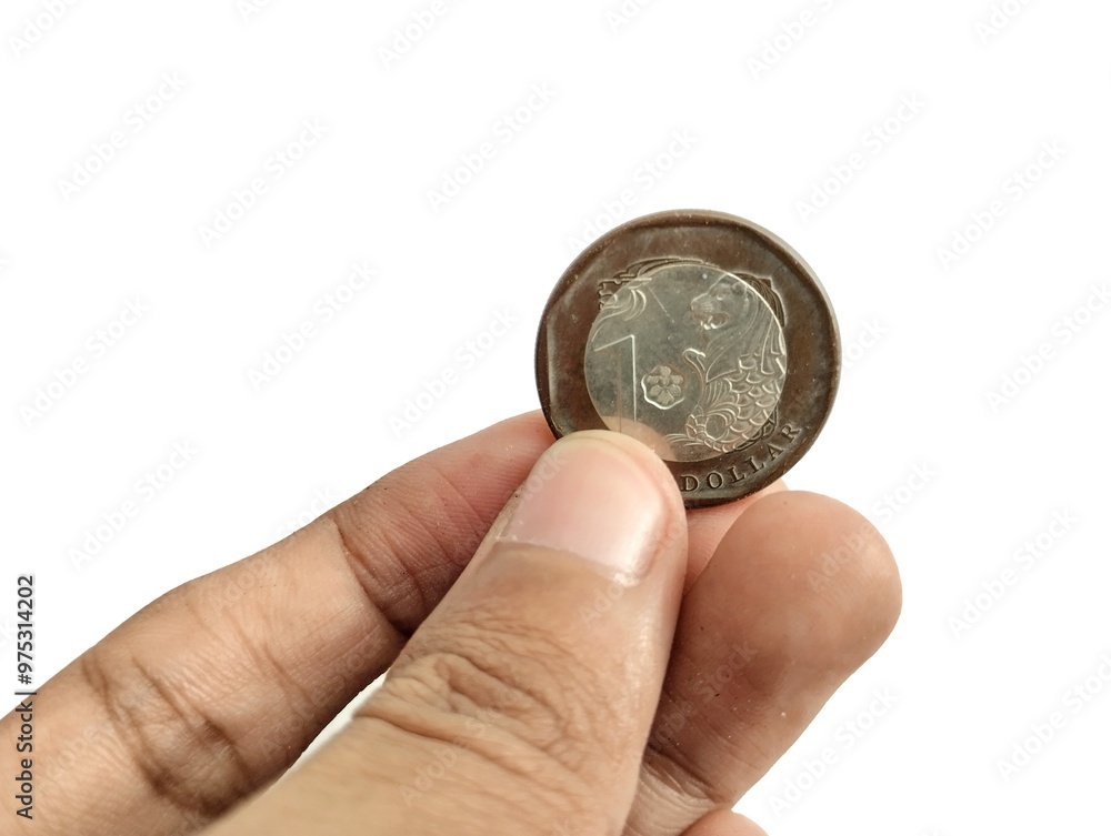 asian man's hand holding one singapore dollar coin. On a white background asian man's hand holding one singapore dollar coin. On a white background
