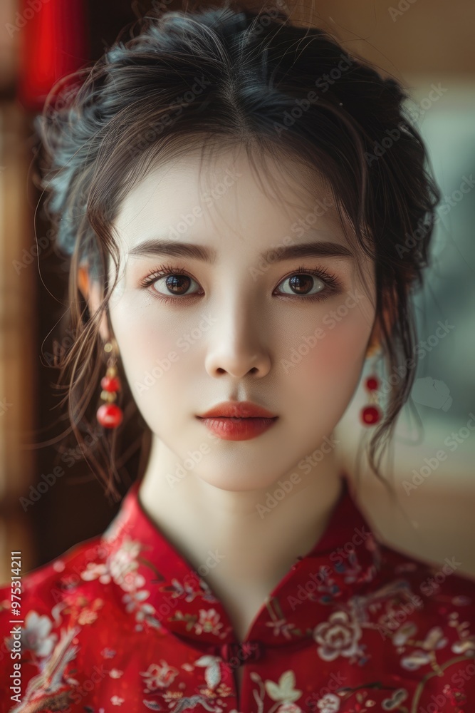 Fototapeta premium A young Chinese woman, close-up photo of her head with a red background