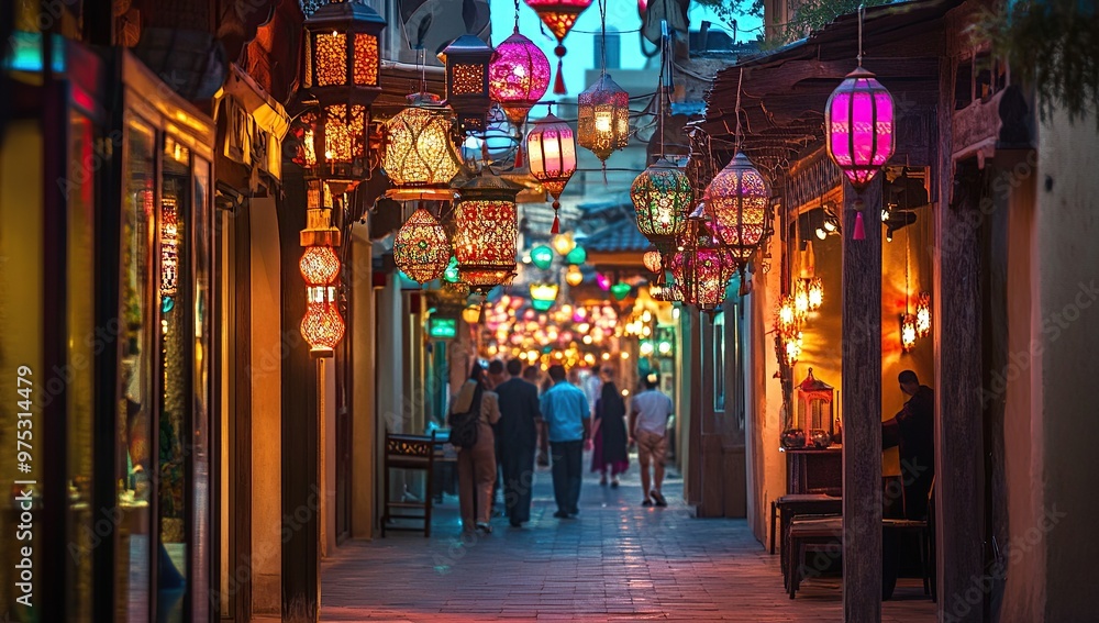 Colorful lanterns hanging in the alley of an old city, in Dubai, with traditional architecture, colorful lights Colorful lanterns hanging in the alley of an old city, in Dubai, with traditional architecture, colorful lights