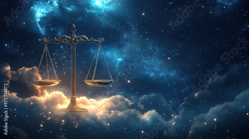 Golden scales of justice on a starry night with clouds. photo