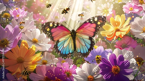 Colorful Butterfly and Bees in a Field of Cosmos Flowers