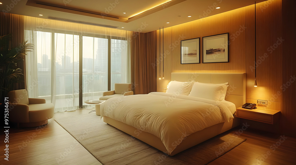 Modern bedroom with large windows, king-size bed, two chairs, bedside table, and two framed pictures. Modern bedroom with large windows, king-size bed, two chairs, bedside table, and two framed pictures.