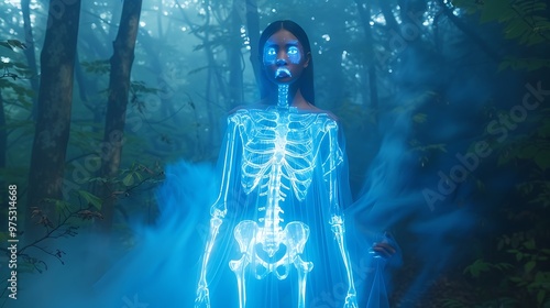 Woman with Skeleton X Ray in Foggy Forest