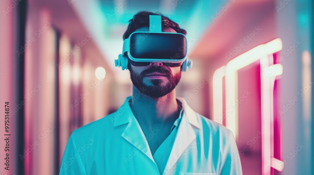 A man wearing a white lab coat and a VR headset stands in a neon-lit hallway. A man wearing a white lab coat and a VR headset stands in a neon-lit hallway.