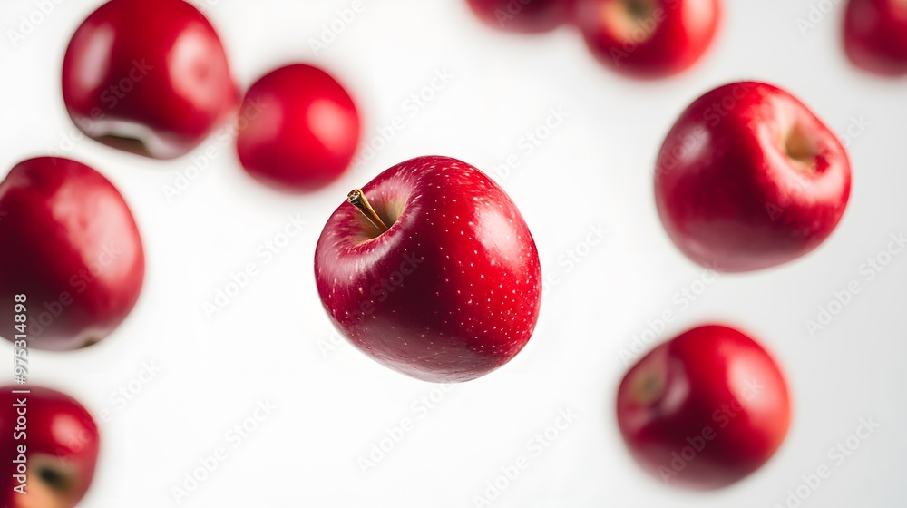 Falling red apples captured in mid-air isolated on a white background Falling red apples captured in mid-air isolated on a white background