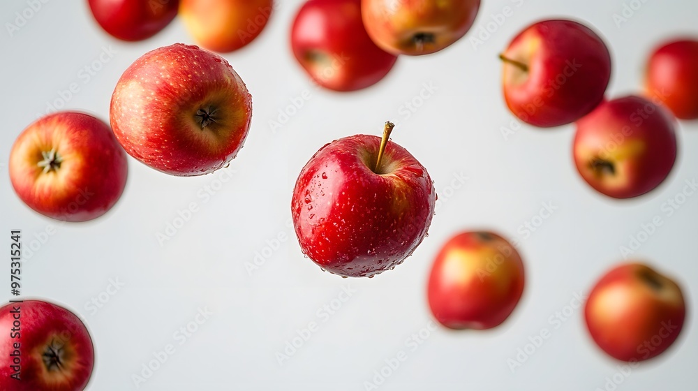 Fresh apples caught in freefall against a clean white backdrop Fresh apples caught in freefall against a clean white backdrop