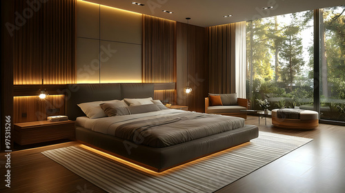 Modern bedroom with large windows, wooden walls and a plush bed.