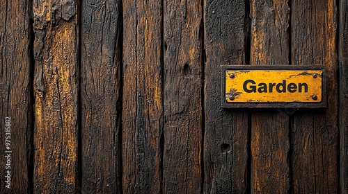 Weathered Wood Sign Garden Sign on Rustic FireDamaged Wooden Fence CloseUp Perspective