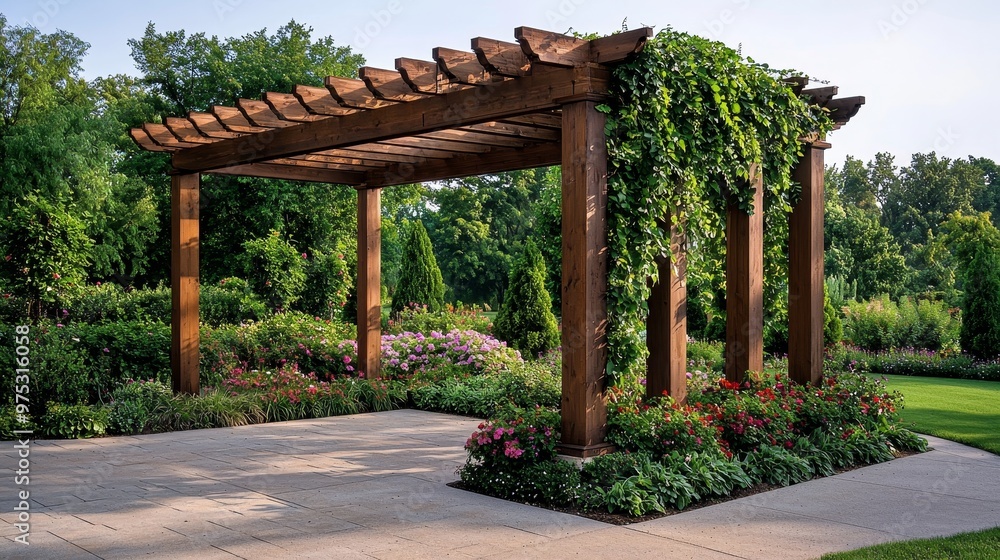 Sunlit Garden Path Framed by Wooden Pergola and Lush Greenery Sunlit Garden Path Framed by Wooden Pergola and Lush Greenery
