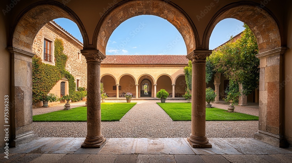 Fototapeta premium Stone Archway Framing a Serene Courtyard with Cobblestones Lush Greenery and a Glimpse of Blue Sky
