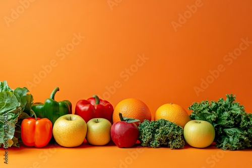 Fresh organic vegetables and fruits placed on the left side of green table with bell peppers,okra, lettuce, apple, tomato and orange against on orange background. Copy space, front view , ai