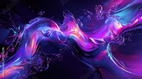 Abstract blue, pink, and purple liquid with glowing bubbles on dark background.
