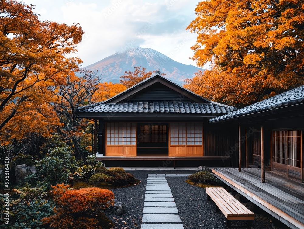 Serene Japanese Garden with Stone Path Leading to Traditional House Distant Mountain View in Autumn Serene Japanese Garden with Stone Path Leading to Traditional House Distant Mountain View in Autumn