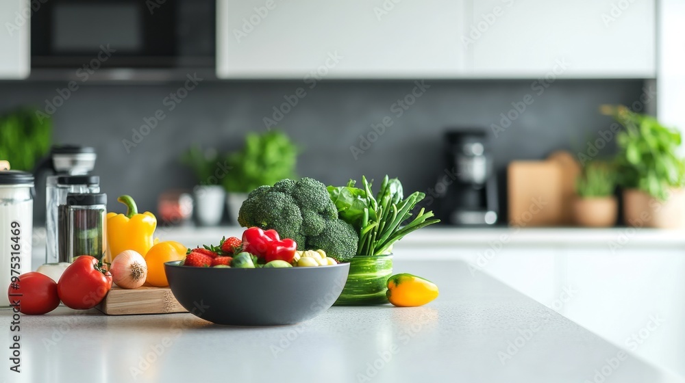## Healthy Kitchen Bliss: Fresh Veggies & Smoothie Bowls on White Countertop ## Healthy Kitchen Bliss: Fresh Veggies & Smoothie Bowls on White Countertop