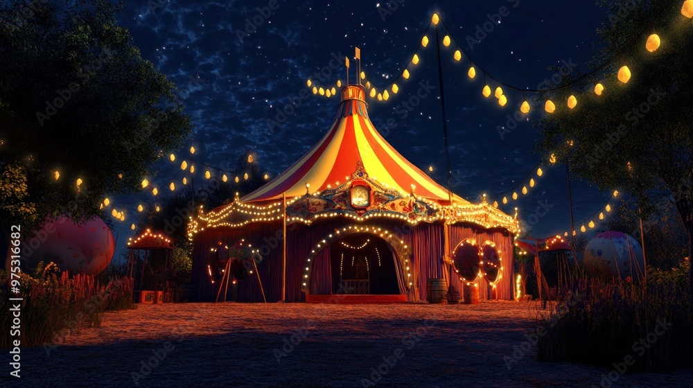 A brightly lit circus tent stands under a starry night sky. A brightly lit circus tent stands under a starry night sky.