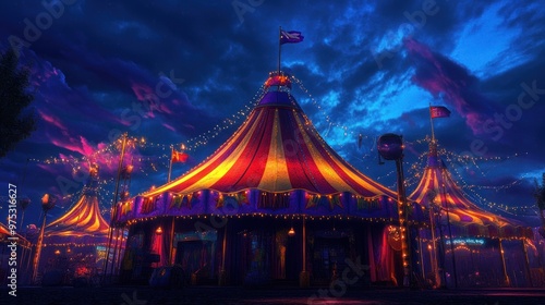 A nighttime view of a lit up circus tent with a dark blue sky.