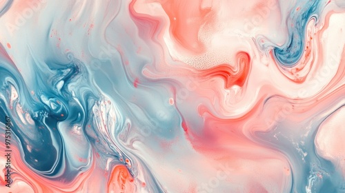 Abstract background with blue, pink and white liquid paints, creating swirls and marble-like patterns.