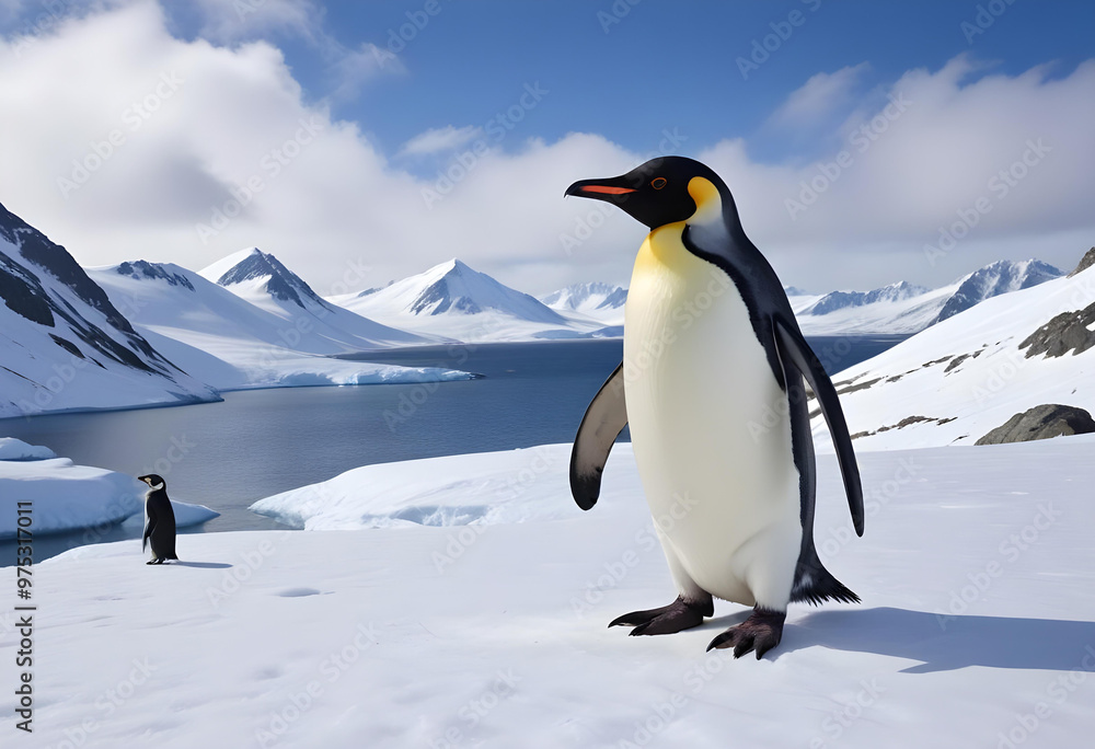 Fototapeta premium The penguins stands in front of a mountain