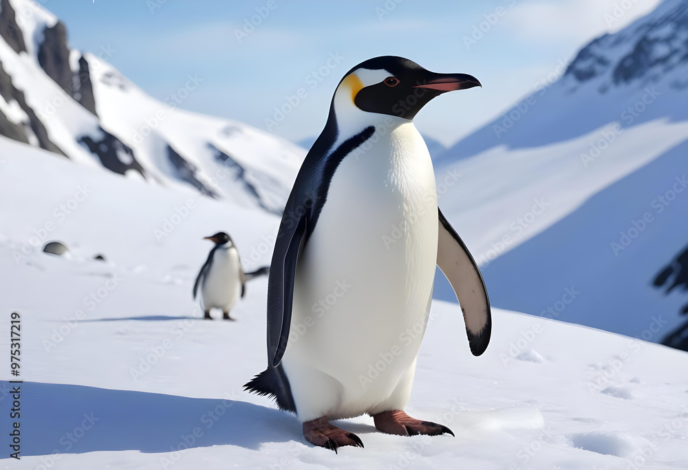 Fototapeta premium The penguins stands in front of a mountain