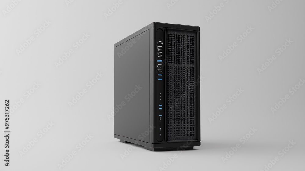 A generative AI-generated 3D render of a desktop computer tower featuring ports and vents on a solitary white background A generative AI-generated 3D render of a desktop computer tower featuring ports and vents on a solitary white background