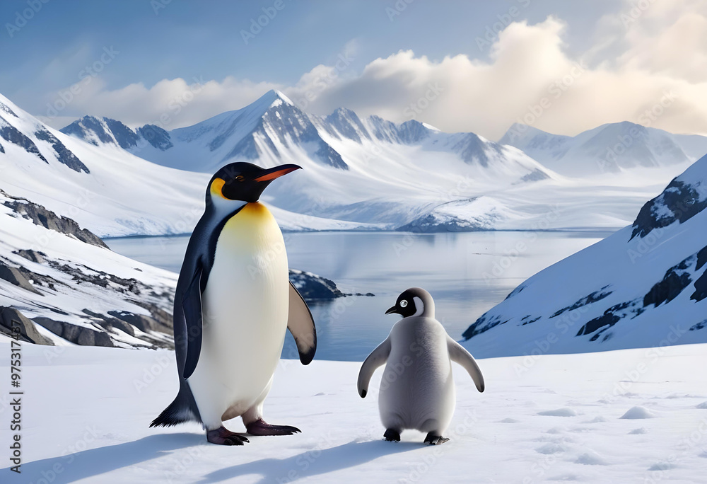 Obraz premium The penguins stands in front of a mountain