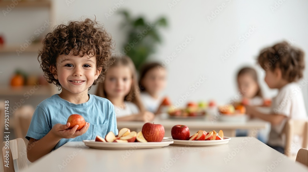 Smiling Boy Holds Apple with Slices on Table in Blurred Classroom Setting Smiling Boy Holds Apple with Slices on Table in Blurred Classroom Setting