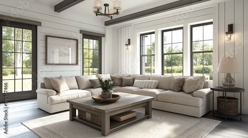 An isolated white background features a 3D rendering of a farmhouse living room with a large sofa, a wooden coffee table, shiplap walls, and a floor plan.