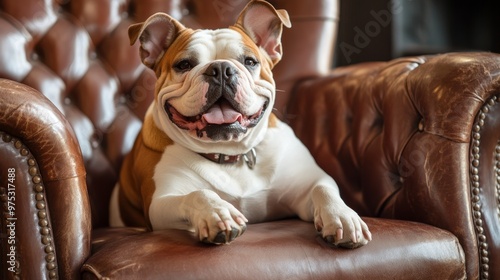 Happy lazy dog English Bulldog on a leather armchair sofa photo