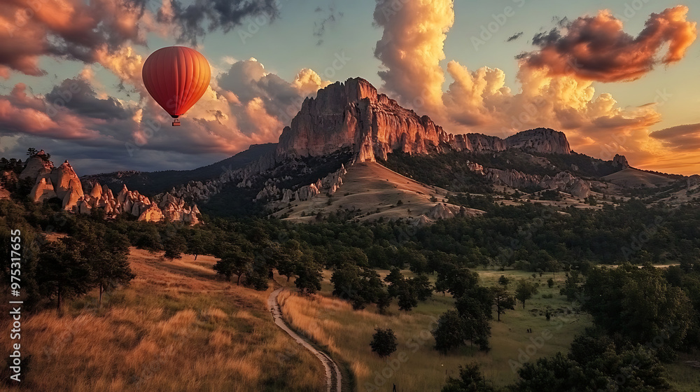 Fototapeta premium Hot Air Balloon Soaring Over Dramatic Mountain Landscape at Sunset 