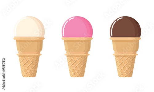 Set of ice cream cones with various flavors. Ice cream in vanilla, strawberry, and chocolate flavors. Cartoon vector illustration icons.