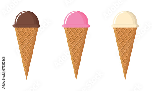 Set of ice cream cones with various flavors. Ice cream in chocolate, strawberry, and vanilla flavors.