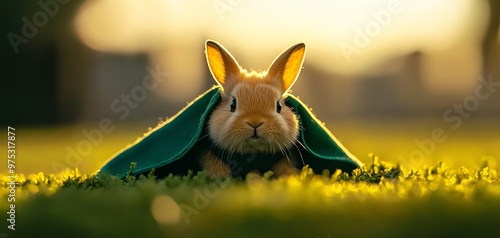 Rabbit wearing a batman cape and mask on a miniature Gotham City set, batman rabbit, superhero pet photo