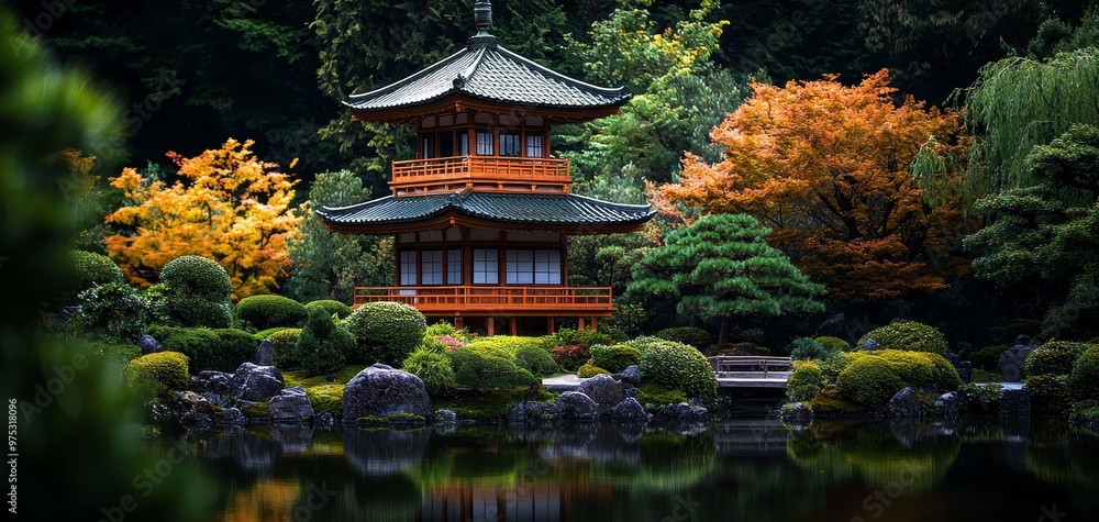 Serene Pagoda Reflection Lush foliage frames a tranquil Japanese garden with a wooden pagoda mirroring in a still pond Serene Pagoda Reflection Lush foliage frames a tranquil Japanese garden with a wooden pagoda mirroring in a still pond
