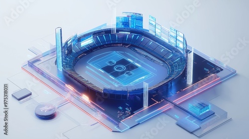 3D Render of a Smart Sports Arena using Generative AI, isolated on a white background with real-time analytics and connectivity