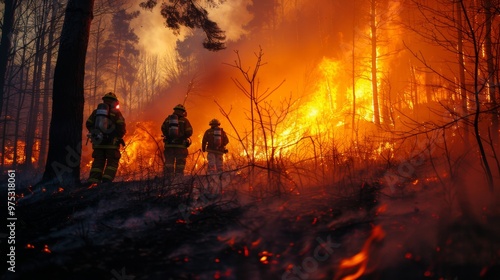 Firefighters battling raging forest fire amid blazing flames and thick smoke photo