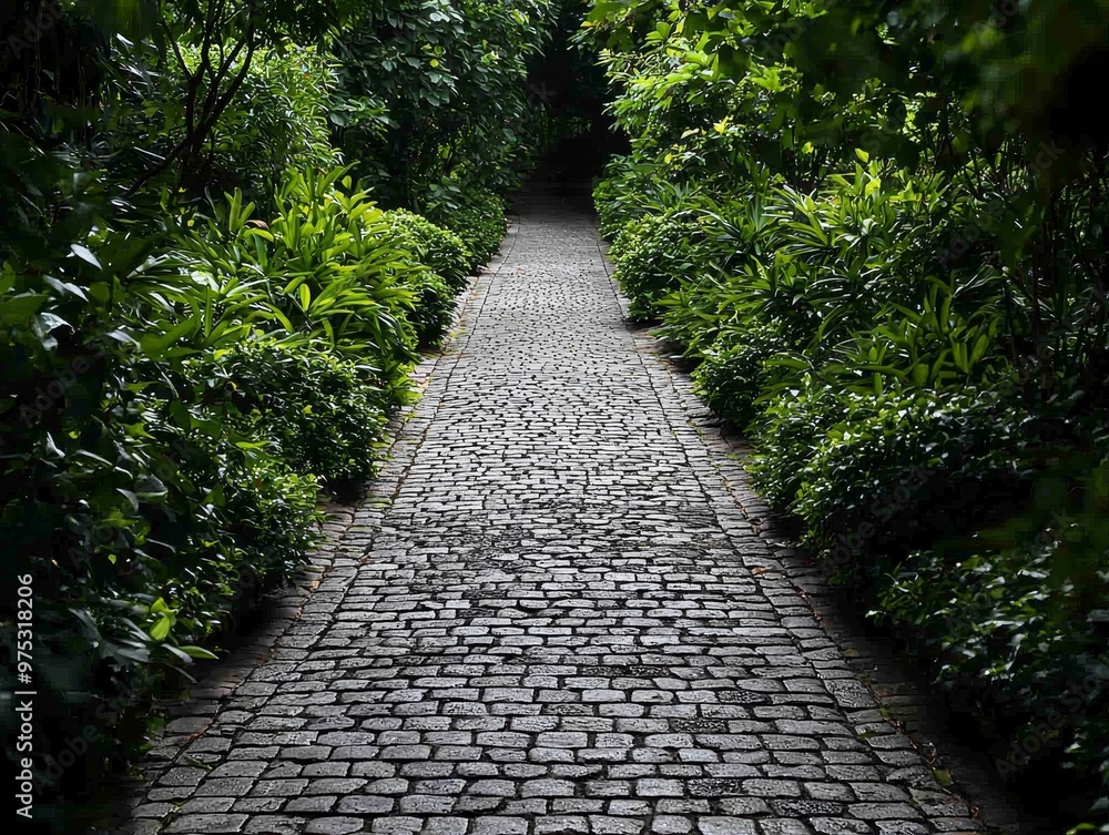 Obraz premium Cobblestone Path Through Lush Green Foliage A mysterious and inviting pathway lined with vibrant greenery beckoning the viewer forward