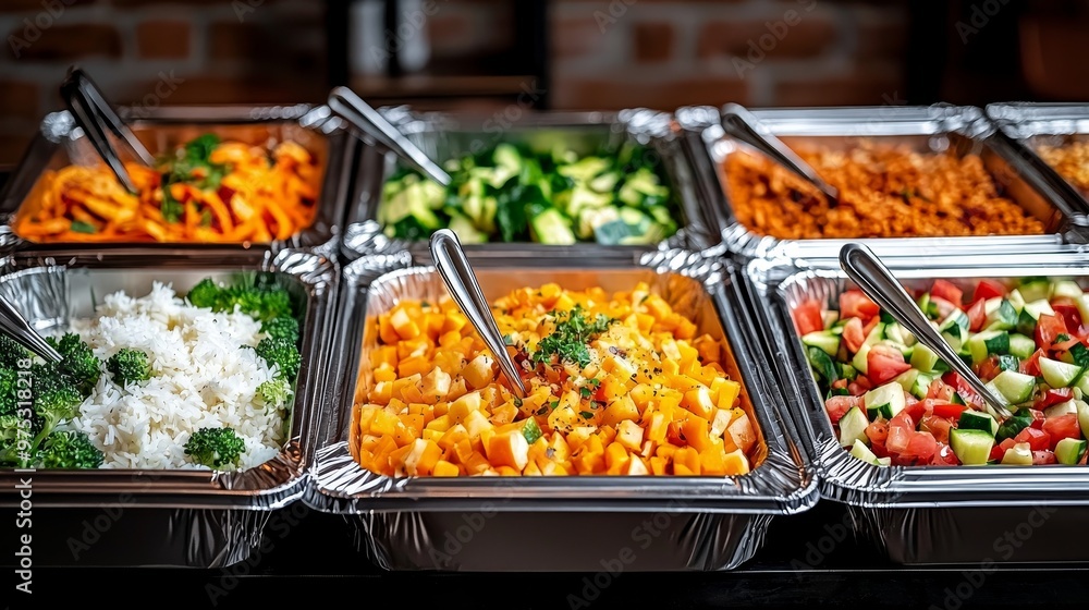A closeup view of a buffet with a variety of colorful and delicious salads The image is composed of several different food containers each with a unique salad The warm inviting