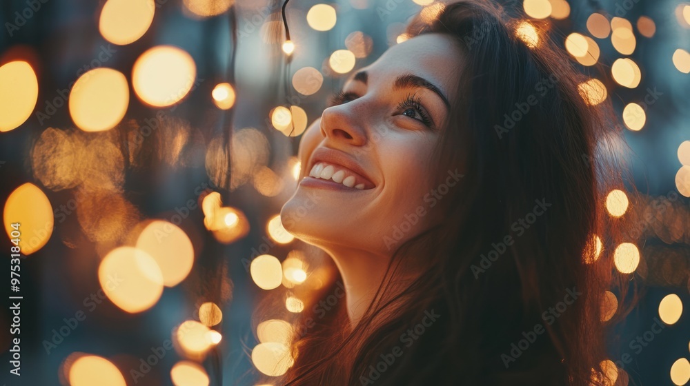 Smiling Woman Adorned with Glowing String Lights 1 Smiling Woman Adorned with Glowing String Lights 1