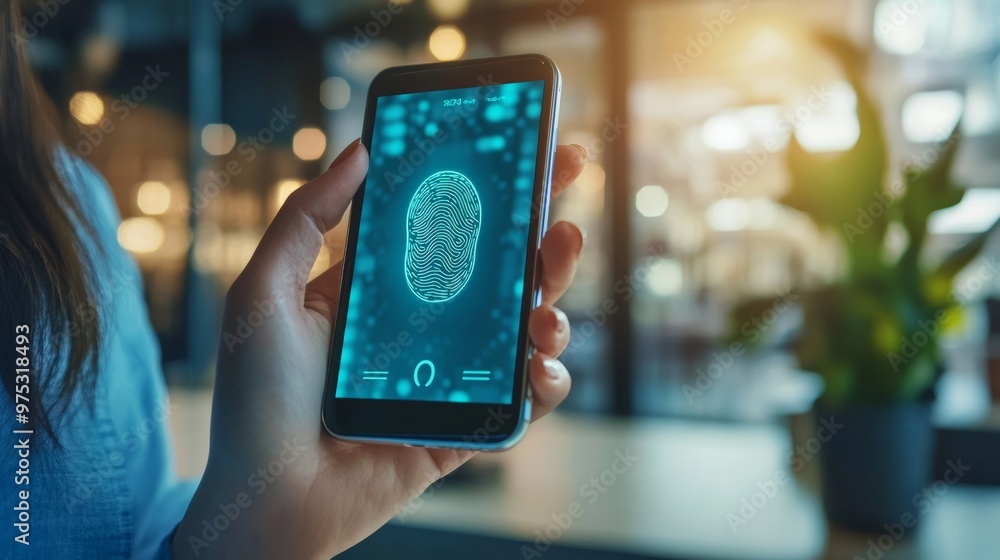 Biometric Identification. Woman Unlocking Smartphone Scanning Fingerprint With Personal Verification App At Workplace Indoor Top View. Phone Authorization Concept. Collage Cropped Biometric Identification. Woman Unlocking Smartphone Scanning Fingerprint With Personal Verification App At Workplace Indoor Top View. Phone Authorization Concept. Collage Cropped