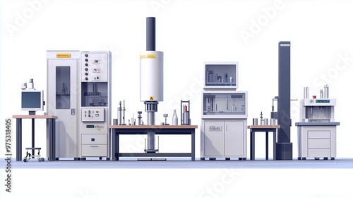 Testing equipment in a flat design, side view, set in a laboratory environment with an animation style, featuring a split-complementary color scheme for enhanced visual impact.
