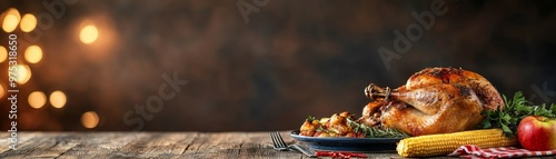 GoldenRoasted Turkey Centerpiece A Festive Feast on a Rustic Wooden Table with Bokeh Lights and Garnishes photo