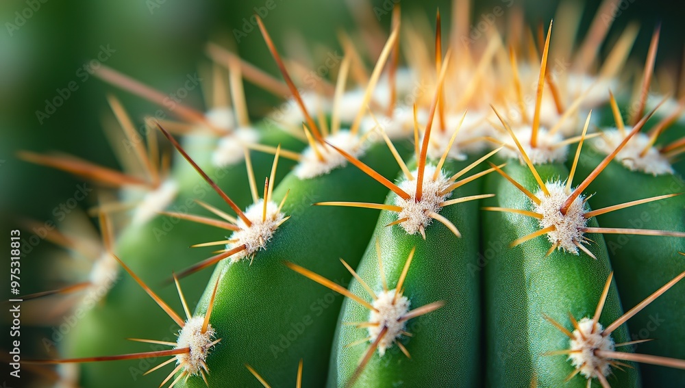 Close-up of spiky cactus thorns, detailed texture and green color Close-up of spiky cactus thorns, detailed texture and green color
