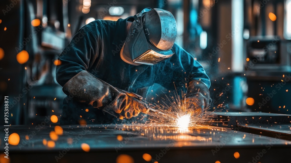 A welder in a dark blue jumpsuit and a welding mask works on a metal surface, sparks fly, and a cloud of smoke fills the air. A welder in a dark blue jumpsuit and a welding mask works on a metal surface, sparks fly, and a cloud of smoke fills the air.