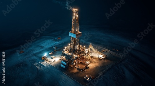 Floodlights illuminate a drilling rig at night while workers continue their work. In the midst of the dim oil field, the rig serves as the main attraction.