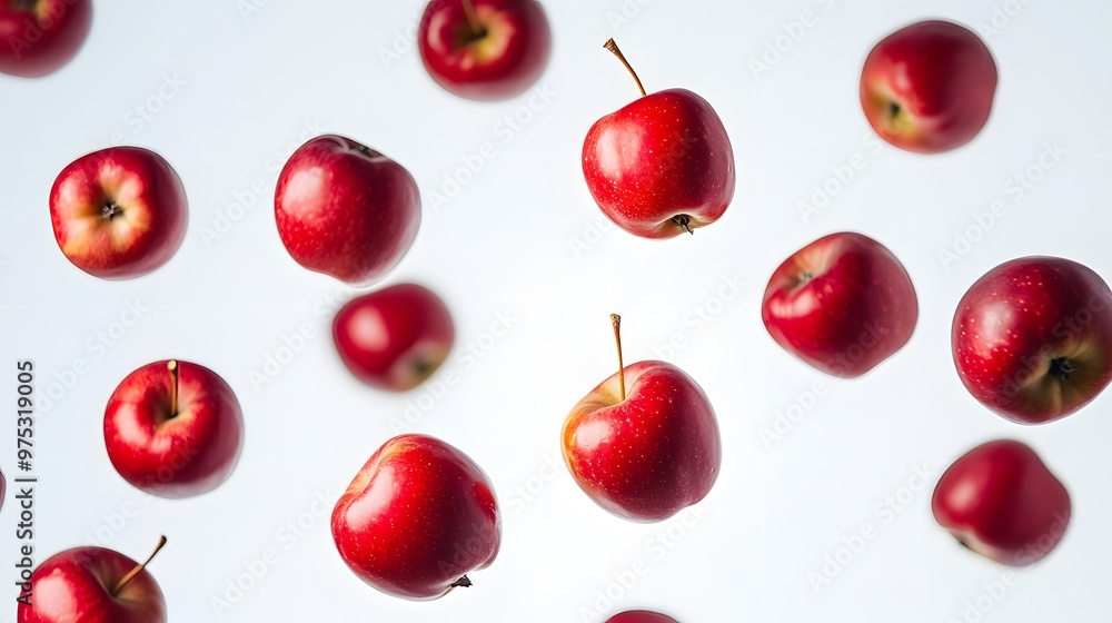 Red apples in freefall against a bright white background Red apples in freefall against a bright white background