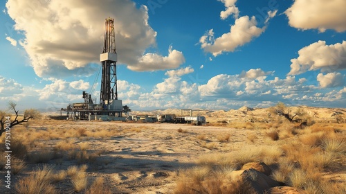 Wallpaper Mural An oil field drilling rig surrounded by sparse vegetation and arid land. The rig is situated in a far-off area. Torontodigital.ca