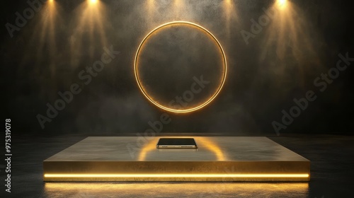 A smartphone on a golden platform with a glowing circle in the background.