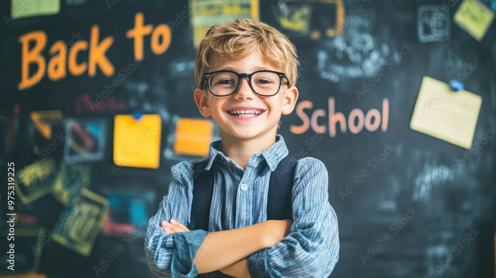 A happy young boy with glasses and a blue shirt is smiling at the camera in front of a blackboard with notes and the words A happy young boy with glasses and a blue shirt is smiling at the camera in front of a blackboard with notes and the words