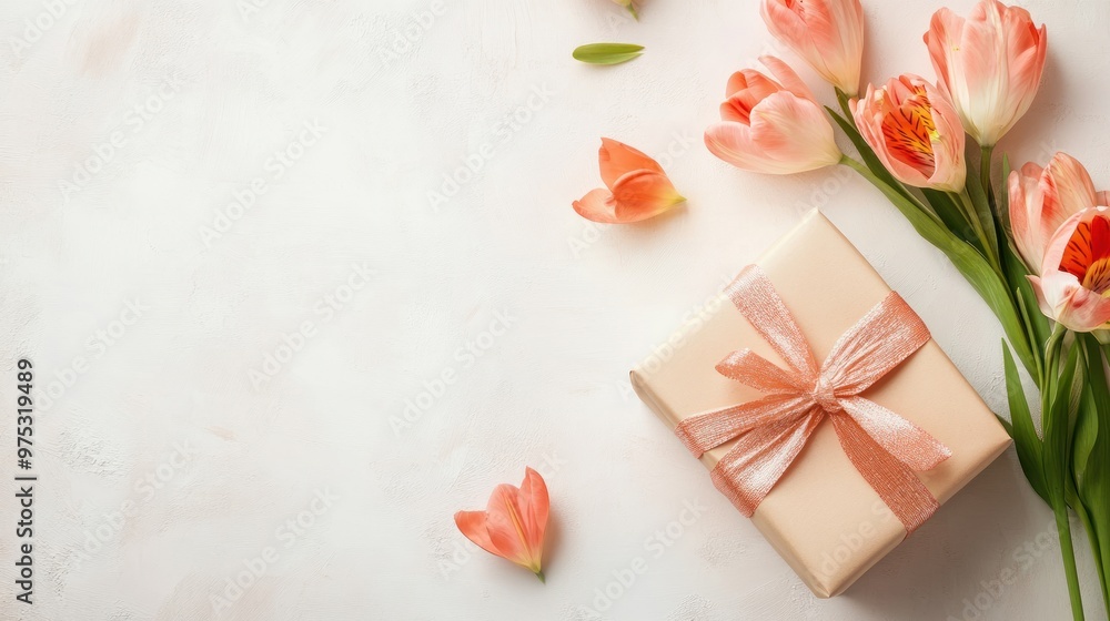 Peach flowers with a gift box with a peach ribbon on a white background. Peach flowers with a gift box with a peach ribbon on a white background.