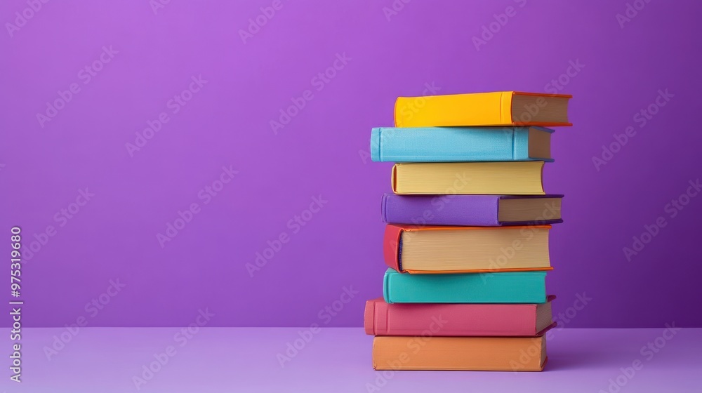 Stack of colorful hardcover books on purple background. Stack of colorful hardcover books on purple background.